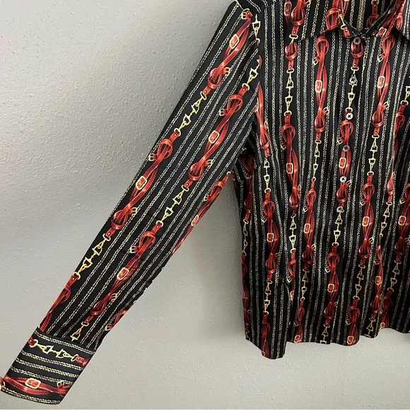 Eye Silk Bit and Bridle Print Button Front Shirt Women’s Size 4 Old Money Luxury - Picture 4 of 10